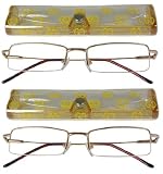 2 READING GLASSES~Half Rim~Spring Hinge~Metal~Case~GOLD+1.75