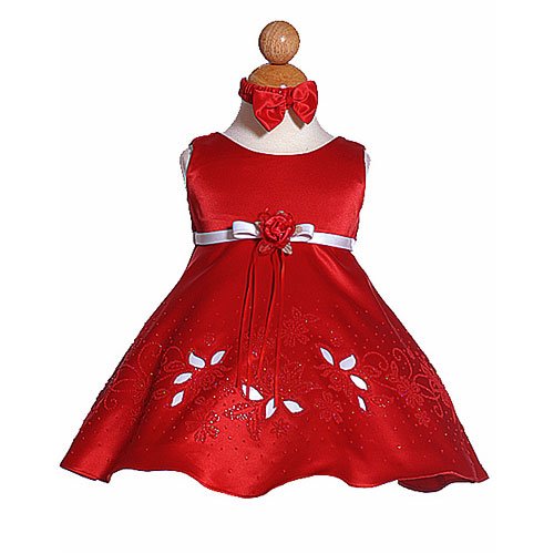 Baby Girls Christmas Dress - Red Satin Special Occasion Dress with Headband (0/3M - 24M) NEW