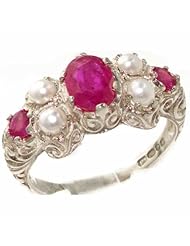 Luxury Solid 9K White Gold Natural Ruby & Pearl Victorian Statement Ring - Finger Sizes 4 to 12 Available