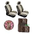 - 	 11 Piece Safari Animal Print Auto Interior Gift Set - 2 Leopard Low Back Front Bucket Seat Covers with Separate Headrest Cover, 1 Leopard Steering Wheel Cover,2 Leopard Shoulder Harness Pressure Relief Cover, 2 Leopard Front Floor Mats, and 2 Rear Floor Mats