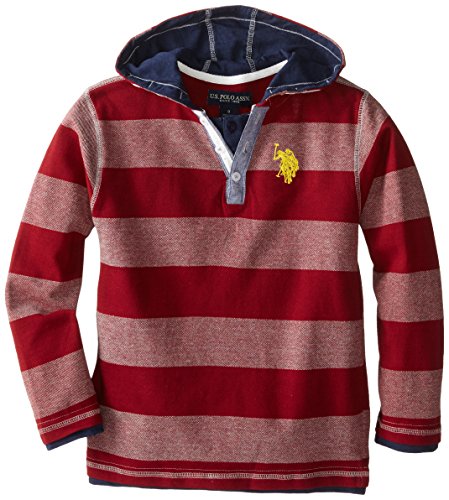 U.S. Polo Assn. Big Boys' Striped Pique Hoodie, Light Heather Gray, 10/12