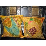 2 Yellow Gujrati Embroidered Sari Toss Pillow Cushion Covers