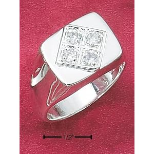 Cz & Crystals Sr-1611 : Sterling Silver Men''s Ring With Diamond Shape Design & Four Round Clear Cz''s Ring Size 10