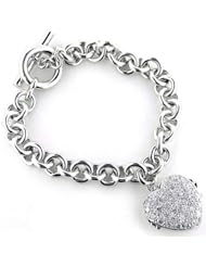 Sterling Silver and Cubic Zirconia Platinum-Plated Puffed Heart Toggle Bracelet