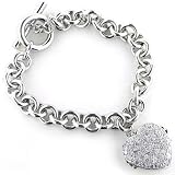 Sterling Silver and Cubic Zirconia Platinum-Plated Puffed Heart Toggle Bracelet