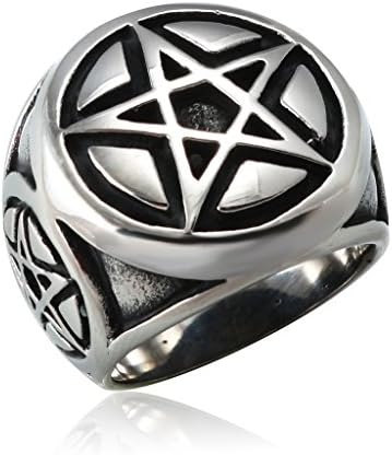 FR Men's Stainless Steel Ring Silver Black Pentacle Pentagram Round Signet Gothic