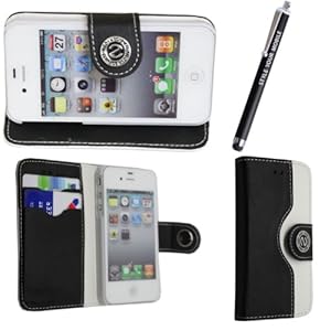 APPLE IPHONE 4 4S BLACK & WHITE PU LEATHER MAGNETIC BOOK FLIP CASE COVER POUCH + FREE STYLUS