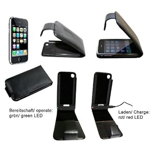 iPhone Tasche mit eingebautem Li-Polymer Akku: Ledertasche f�r Apple Smartphone iPhone 3G und 3GS mit ~ 2100 mAh Akku -Schnittstelle incl. USB-Kabel