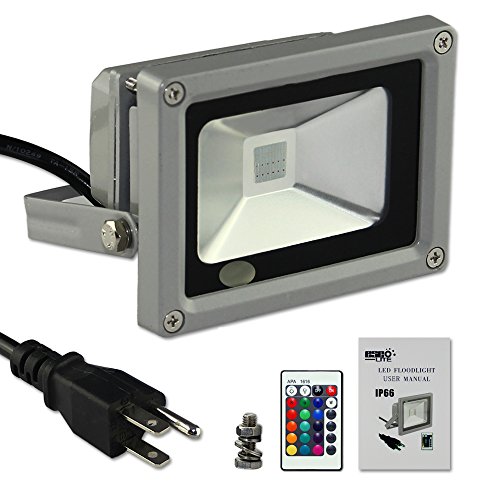 Esco-Lite 10W RGB Color Changing LED Flood Light With Memory Function with Ground Wire With Screw kit AC Cable 1.5M US 3-Plug for Home Outdoor Hotel Garden