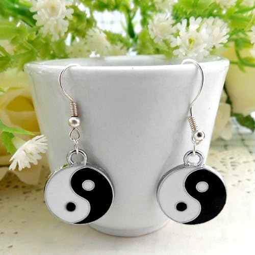 1 Pair Vintage Round Balck White Silver Tone Yin Ying Yang Dangle Earrings Hip Mall