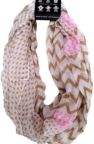 Chevron and Polka Dots Lightweight Double Loop Infinity Scarf - Assorted Colors (Brown w/Pink)