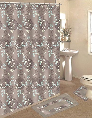 Taupe &amp; Blue 15-Piece Bathroom Accessory Set Bath Rugs Shower Curtain &amp; Rings