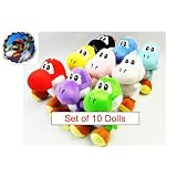 Nintendo Yoshi Super Mario Brothers Set of 10 Plush Yoshi and Mushroom Dolls Including 7" Yoshi Dolls Including Pink Yoshi, Red Yoshi, White Yoshi, Black Yoshi, Green Yoshi, Purple Yoshi, Yellow Yoshi, Blue Yoshi and Unique Mario Bottle Cap Magnet ~ Nintendo
