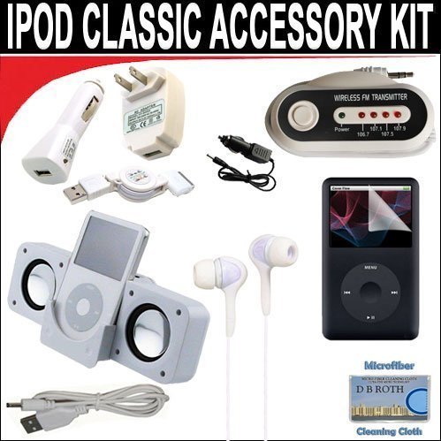 10 pc. Accessory kit for iPod Classic 70/120/160GB. Includes White portable stereo speaker w/cable 3-in-1 iPod charging kit (1000mAH) Car FM Transmitter w/power cable White Mini soft Earbuds Reusable Pre-Cut Screen Protector and a DBROTH Microfiber Cleaning Cloth