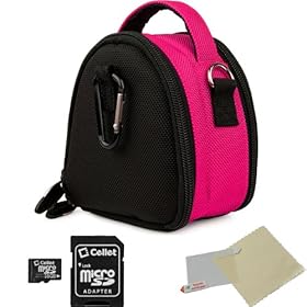 PINK GRAY Mini Slim Compact Protective Travel Digital Camera Carrying Case with Accessory Compartment For Sony Bloggie Duo / 3D / Touch Point And Shoot Digital Camera + Includes a 16GB Micro SD Card with SD Adaptor + Includes a Universal Anti-Glare Screen Protector Guard