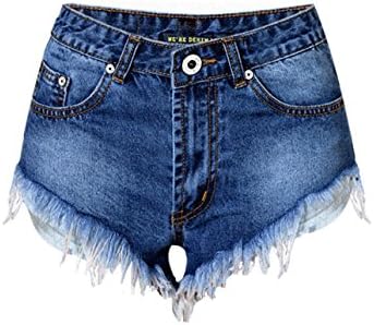 Lionpapa Women's Juniors High Waist Frayed Edge Denim Shorts Small Blue