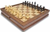 New Exclusive Staunton Chess Set in Ebonized Boxwood & Boxwood with Walnut Chess Case with Drawers - 3.5 King