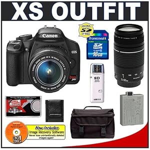Canon Digital Rebel XS 10.1MP Digital SLR Camera (Black) + Canon EF-S 18-55mm IS Lens + Canon 75-300mm III Lens + Spare LP-E5 Battery + 16GB Card + Gadget Bag