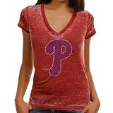 MLB Touch by Alyssa Milano Philadelphia Phillies Ladies Fade Route Premium Burnout Low V-Neck T-Shirt - Red (Small)