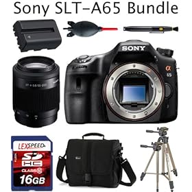 Sony SLT-A65V Digital SLR Camera (Body) + Sony SAL-55200-2 55-200mm f/4-5.6 DT AF Zoom Lens + LexSpeed 16GB Memory Card + Lowepro Deluxe Camera Bag + Extra Spare DSLR Battery + 6' HDMI Cable + Sunpak 620-9002TM Tri-Monopod