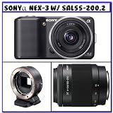 Sony Alpha NEX-3 Compact Interchangeable Lens Digital Camera w/16mm Lens (Black) + NEX Camera Mount Adapter + Sony 55-200mm f/4-5.6 SAM DT Telephoto Zoom Lens (SAL55200.2)