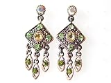 Bronze Tone Tribal Peridot Green Dangle Chandelier Crystal Rhinestone Earrings