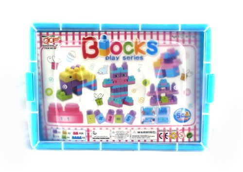 'Fun Blocks' 54 Piece Kid's Children's Toy Building Block Play Set, Comes in Collapsible Box Container, Math Stickers, How To Building Instructions for Various Items/Animals (Colors May Vary)