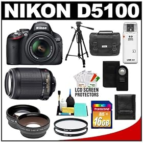 Nikon D5100 Digital SLR Camera & 18-55mm G VR DX AF-S Zoom Lens with 55-200mm VR Lens + 16GB Card + .45x Wide Angle & 2.5x Telephoto Lenses + Remote + (2) Filters + Tripod + Accessory Kit