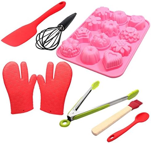 Food Grade Silicone Bakeware Se - Silicone Baking Molds, Silicone Kitchen Spatula, Silicone Gloves For Grill, Silicone Coated Whisk, Silicone Locking Tongs, Silicone Spoon Heat Resistant &amp; Silicone Pastry Brush