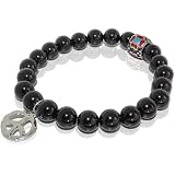 Onyx Stretch Bracelet with Peace Sign Charm & Stainless Steel Bead Accent