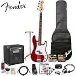 Fender Squier Affinity Metallic Red P Bass with Rumble 15 Amp - Stop Dreaming, Start Playing Set with Fender/GO-DPS 12 Pack Pick Sampler (Item# FENDER-SAMPLER), Squier Bass Strings, Ultra Stand and Fender Polishing Spray, String Cleaner & Polishing Cloth