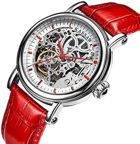Kassaw Women's Automatic Mechanical Waterproof Leather Watches (Red)