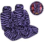 7-Piece Safari Animal Print Auto Interior Gift Set - 2 Purple Zebra Front Bucket Seat Covers, 2 Purple Zebra Headrest Covers, 1 Purple Zebra Steering Wheel Cover, and 2 Purple Zebra Shoulder Harness Pressure Relief Covers