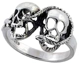 Sterling Silver Snake & Double Skull Biker Ring (Available in Sizes 6 to 12), 9/16 (14mm) wide, size 10