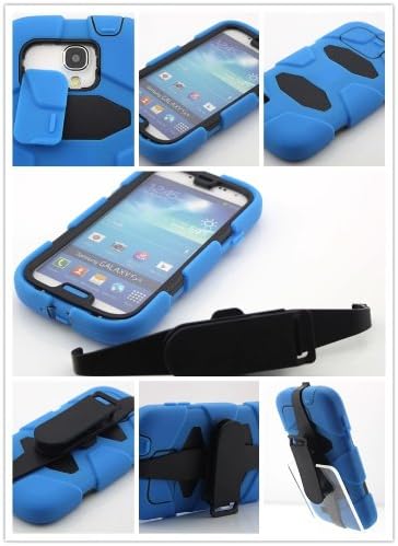 Big Dragonfly High Quality Flexible Dual Layer Protective Shell Hard Plastic + Soft Silicone Cover Case for Samsung Galaxy S4 i9500 with Screen Protector and Removable Belt Clip Eco-friendly Package Black/Blue