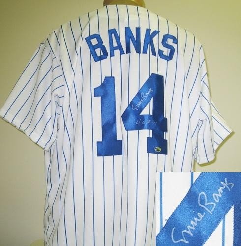 Ernie Banks Autographed/Hand Signed Chicago Cubs Majestic Baseball Jersey with HOF 77 Inscription
