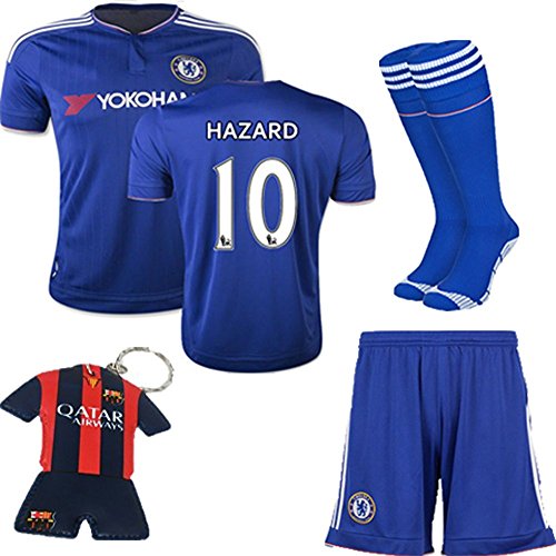 FC FirstClass 2015/2016 Hazard #10 Chelsea Home Kit Kids Football Soccer Jersey and Shorts & Socks & Key Chain 3-14 Yrs (9-10 years )