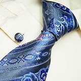 NEW Y&G Designer Hand Made Blue Paisleys Stripes 100% Jacquard Woven Pure Silk Mens Neck Tie and Cuff Links Set 1010