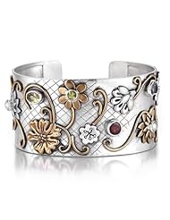 Sterling Silver Gorgeous Statement Cuff Adorned with Floral And Gemstone Accents.