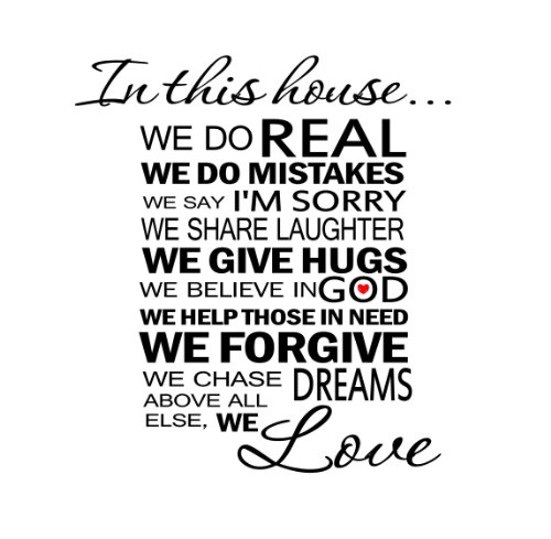 #4 in This House… We Do Real We Do Mistakes We Say I’m Sorry We Share Laughter We Give Hugs We Believe in God We Help Those in Need We Forgive We Chase Dreams Above All We Love (Red Heart Inside) 22×24 Inches Symbol Matte Black Vinyl Silhouette Keypad Track Pad Decal Window Wall Quotes Sayings Art Vinyl Decal