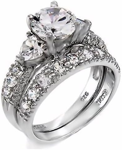 Oliana: 4.12ct Russian IOF CZ & Heart accents 2 pc Bridal Wedding Ring Set, 3035B sz 4.5, 925 Silver