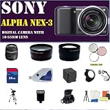 Sony Alpha Nex-3 Interchangeable Lens Digital Camera (Black) with Sony E-series 18-55mm F/3.5-5.6 OSS Lens W/shade + Huge Accessories Package Including Wide Angle Macro Lens + 2x Telephoto + 3 Pc Filter KIT + 16gb Sdhc Memory Card + Extended Long Life Battery + Carrying Case + Tripod + Lens Hood + Lens Cap Keeper & Much More!!