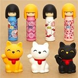 erasers 7 pieces rubber set Kokeshi dolls & lucky cats
