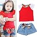 WXBUY Kids Girls Ruffled Sleeves T-shirt+ Bow-knot Jeans Pants Outfits Red S