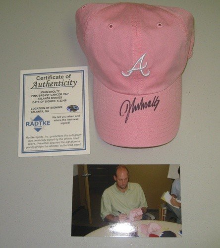 John Smoltz Autographed/Hand Signed Atlanta Braves Pink Breast Cancer Cap/Hat
