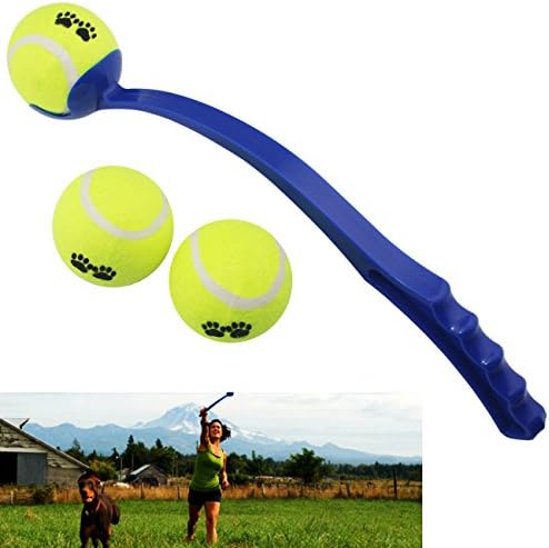 Dog Ball Launcher / Thrower By Dfied - Comes with 3 Tennis Balls - Thrower Is Light Weight &amp; Durable (Colors Vary) - Handle 14" (38cm) - Easy to Throw Long Distance