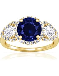 18K Yellow Gold Round Cut Blue Sapphire Ring With Sidestones