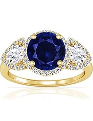 14K Yellow Gold Round Cut Blue Sapphire Ring With Sidestones