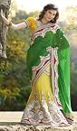 Yellow and Green Net Georgette Embroidery Saree w/Blouse