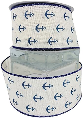 Canvas Ribbon Navy Off White Anchors Wired 2.5"x 10 Yards